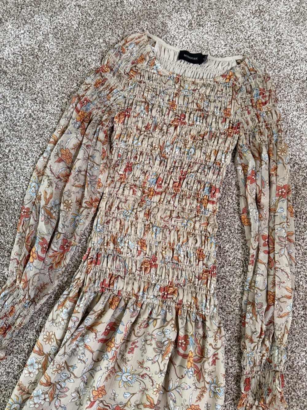 Minkpink Beige Floral Smocked Long-Sleeve Midi Dress